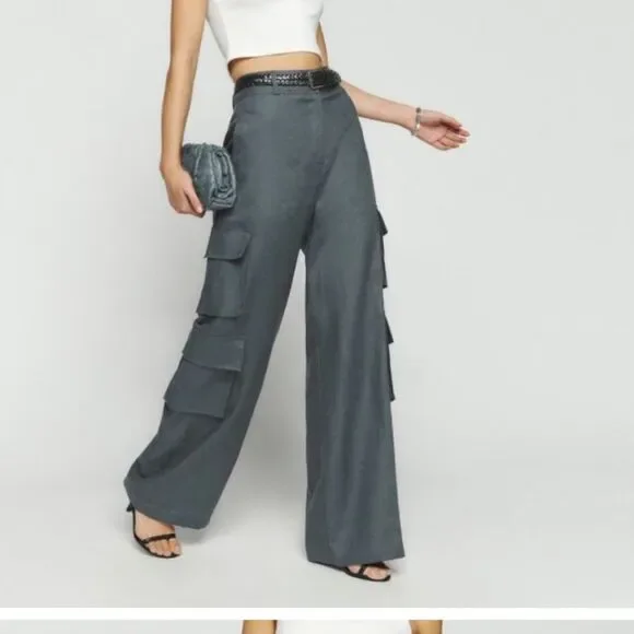 Reformation Mateo Pant 100% Linen Black Multi Cargo Pocket Wide Leg Trousers Sm